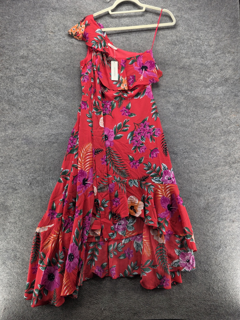 Francesca's Dress Womens S Red Hi-Low Sundress One Shoulder Floral Ruffle Lined